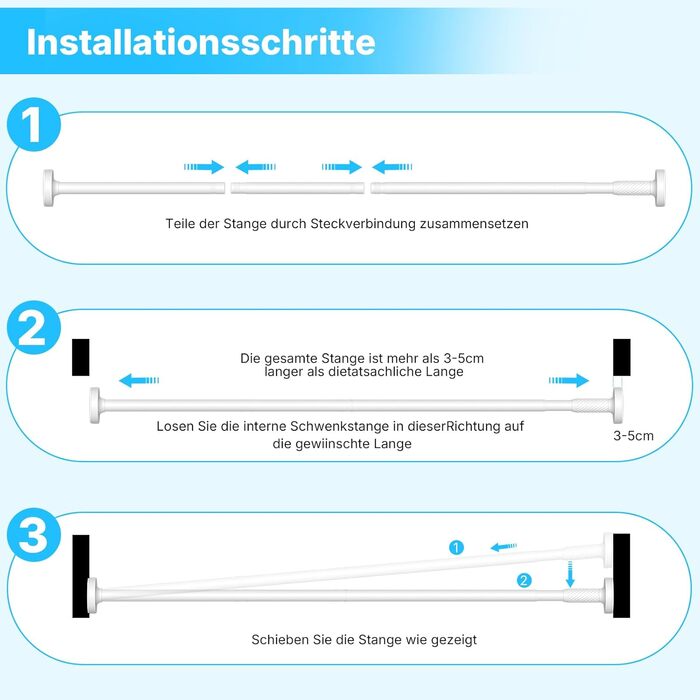 Штанга для карнизів без свердління 100-230 см, біла, Ø25 мм, телескопічна, для душу, вікна та балкону