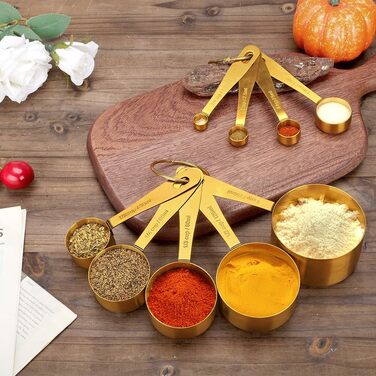 Набір мірних стаканів та ложок Cuteefun Gold, 13 предметів, нержавіюча сталь: мірний стакан 5 чашок, 8 магнітних ложок з рівнем для вимірювання сухих та рідких інгредієнтів для випічки та приготування їжі