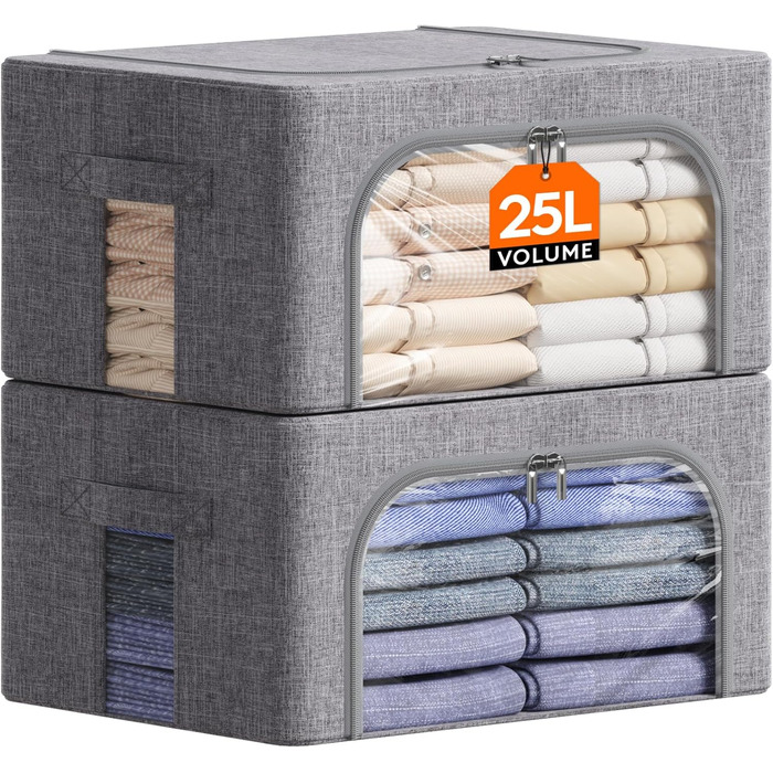 Органайзер для одягу Lifewit з кришкою, з металевим каркасом, сірий (2 шт., 25л)