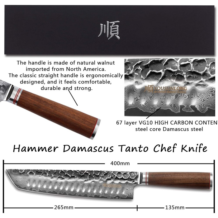 Японський кухонний ніж YOUSUNLONG Gyuto 255мм з дамаської сталі - професійний кухонний ніж з дерев'яною ручкою та піхвою
