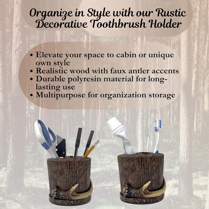 BestGiftEver Realistic Wooden Toothbrush Holder with Artificial Antler, Wildlife and Forest Theme, Cabin-Style Home Decor, Ideal for Outdoor Nature Lovers and Hunting Enthusiasts
