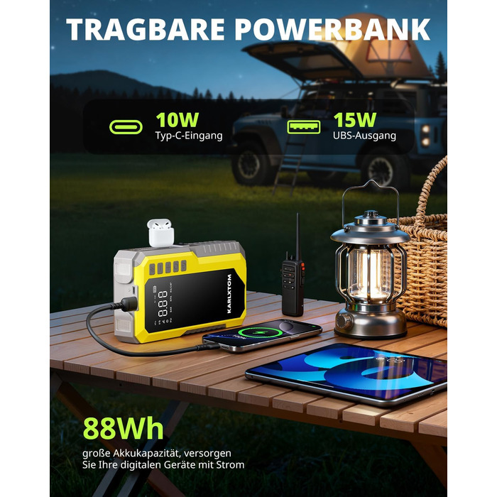 Powerbank для авто Karlxtom з компресором 190PSI, 88Wh, 4500A, LED-ліхтар, LCD-дисплей, для бензинових та дизельних двигунів (до 10L)