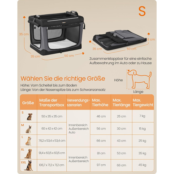 Кія Транспортна переноска для собак Feandrea, 50x35x35 см, чорна, з місткістю для води та корму