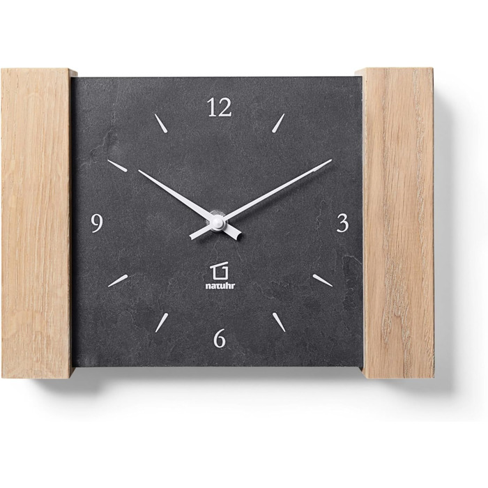 Wall clock, Matterhorn design, wood, oak, light stone, slate (Black/limed oak - radio controlled) (Quartz movement)