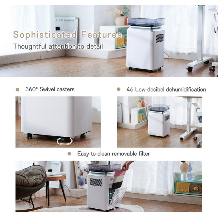 Електричний осушувач повітря 70л/день з авто-режимом та шлангом для підвалу, ванної кімнати, спальні до 150㎡. Осушувач з цифровим дисплеєм, захистом від плісняви, 360° колесами, тихий 40dB, білий (бежевий)