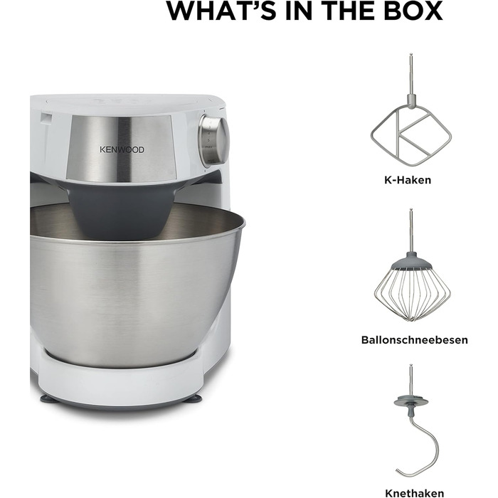 Кухонна машина Kenwood Prospero+ KHC29.A0SI, 1000 Вт, чаша зі сталі 4,3 л, з вінчиком, К-міксером, гаком для тіста та захисним екраном, біла