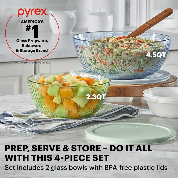 Набір скляних мисок Pyrex Colors з кришками, 1,3 л і 2,3 л, для змішування та випікання, різнокольорові, термостійке скло, 2 шт.
