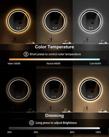 Дзеркало для ванної кімнати Dripex круглої форми з підсвічуванням LED, сенсорне керування, регулювання яскравості, 3 кольори світла, запобігання запотіванню, 60x60 см