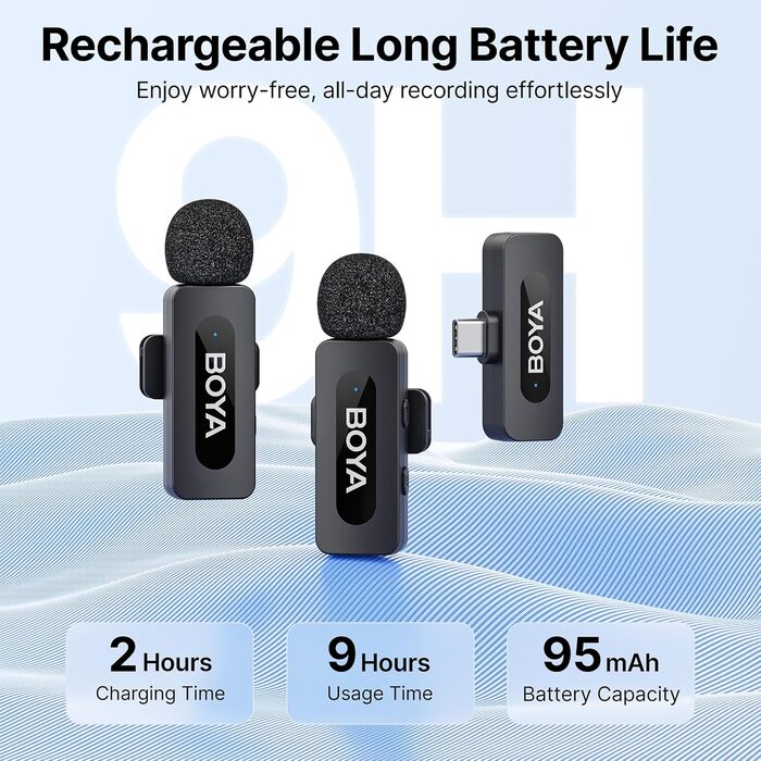 BOYA BY-V20 Бездротовий мікрофон-петличка для смартфона, iPhone, Android, USB-C, 48 КГц/16 біт, 9 годин роботи, шумозаглушення