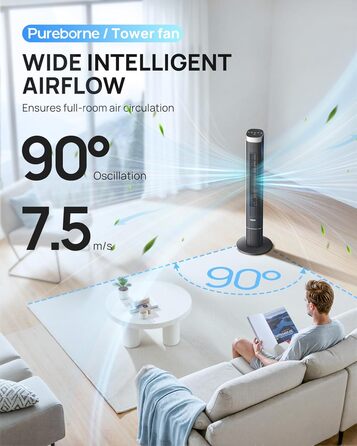 Вентилятор Pureborne Leiser: Турбо-вентилятор з осциляцією 90°, Wi-Fi, пульт, 4 режими, таймер 12 год, чорний, 102 см
