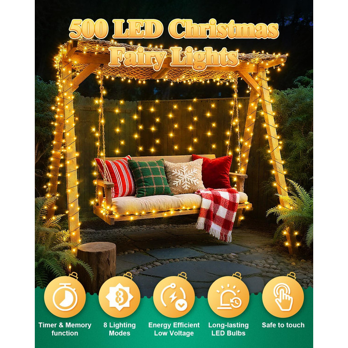 Гірлянда на Хелловін для вулиці, 300 LED, з функцією пам'яті та таймером, 8 режимів освітлення, вологостійка, 50 метрів, тепле світло