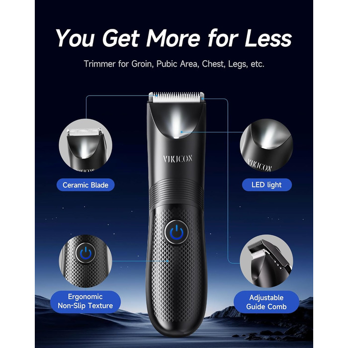 Електричний триммер для чоловічих інтимних зон VIKICON з LED-підсвічуванням, водонепроникний, для тіла та гоління, акумуляторний, чорний