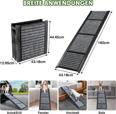 Рампа для собак у машину, розкладна, 160 см, з антиковзким покриттям, для легкових автомобілів, вантажівок та SUV, стабільна, для великих та середніх собак до 90 кг, 160*43 см (Д x Ш)