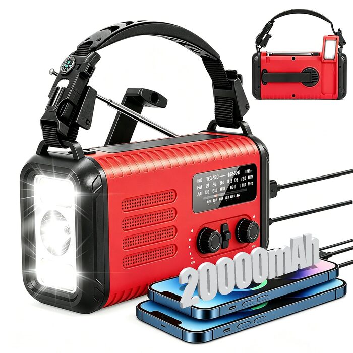 Радіо на сонячній батареї та ручному заводі 20000mAh з USB зарядкою для телефону, AM/FM, погодне радіо, ліхтарик, SOS-сигнал, для кемпінгу та надзвичайних ситуацій (Червоне)
