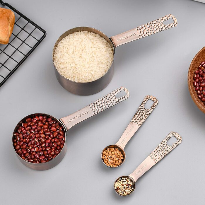 Measuring cup and spoon set, copper measuring cups and spoons, metal measuring cups, spoons, 4 kitchen measuring cups & 5 measuring spoons & 1 leveling tool, metric baking measuring cups and spoons