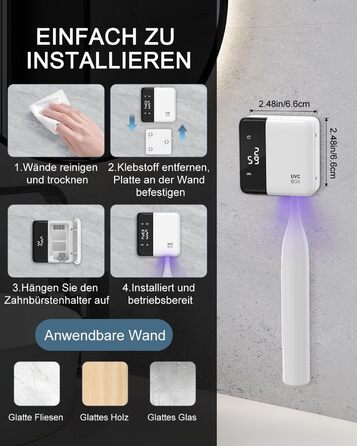 Електричний стерилізатор зубних щіток з сушкою 60°C, LED-дисплеєм, годинником, акумулятором та кріпленням на стіну без свердління. Білий+чорний