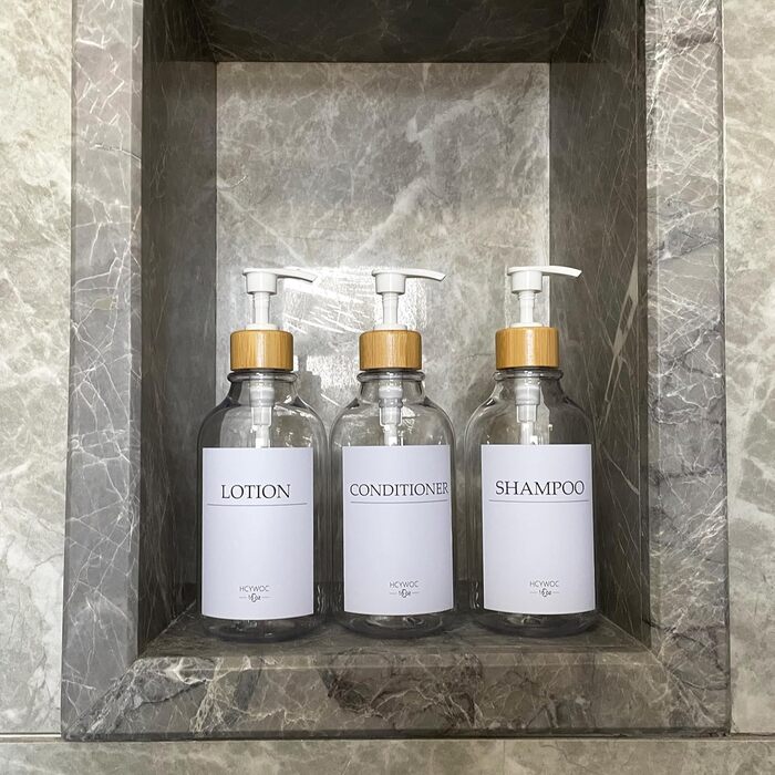 Набір дозаторів для мила, шампуню та миючого засобу на стіну, 500 мл, 3 шт., прозорий + бамбук