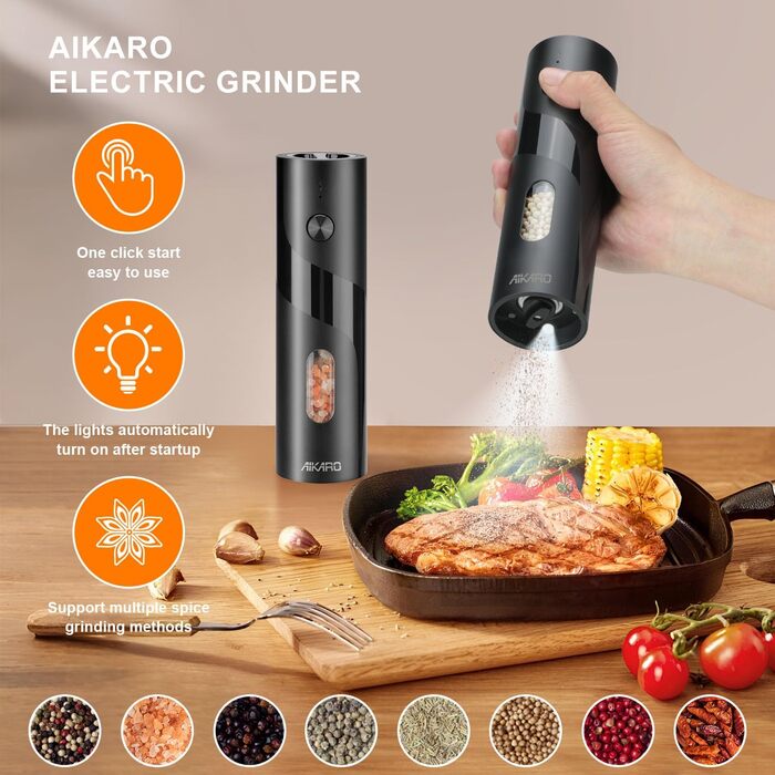 Електрична млинка для солі та перцю Aikarо - автоматична, з акумулятором, перезарядна база в комплекті