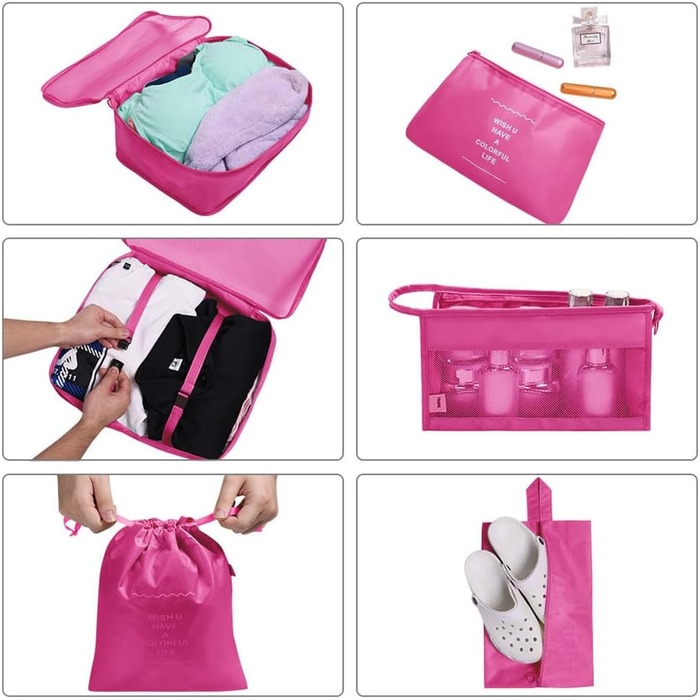 Органайзер для валізи OSDUE 8 шт., Набір кубиків для пакування, Водонепроникні сумки для одягу в подорожі, Органайзери для валізи, Кубики для пакування з косметичкою, мішком для взуття, сумкою для USB-кабелів (Бежевий) (Тип A-rose Red 8pcs)