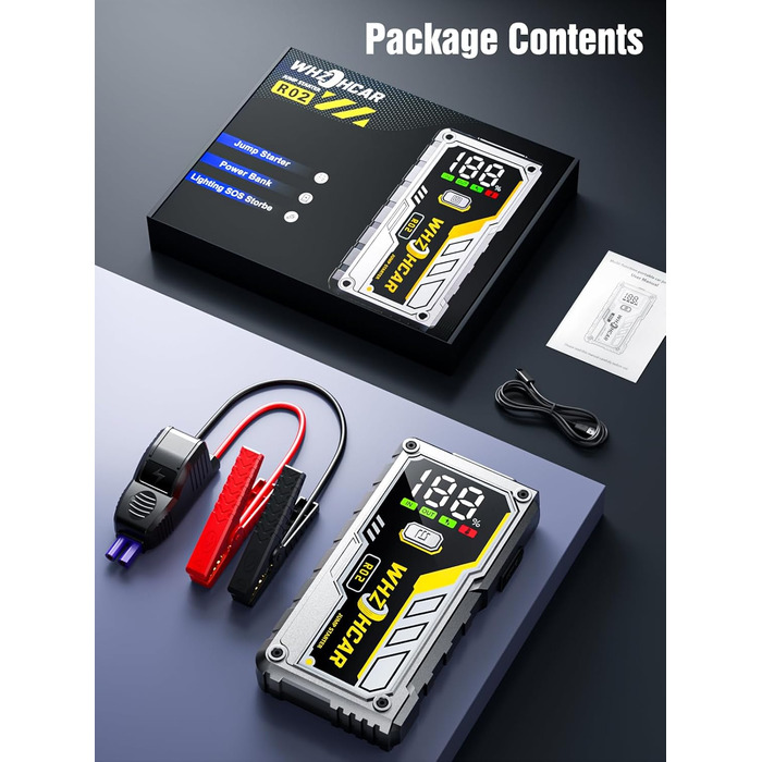 Powerbank Starthilfe 5000A з LCD екраном для автомобіля 12V. Зарядний пристрій для акумулятора авто з LED ліхтариком, підходить для 10л бензину або 9л дизеля. Срібний колір.