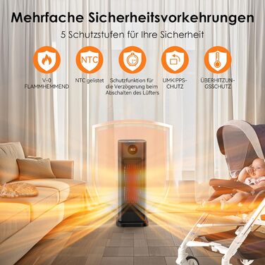 Електричний обігрівач Minthouz: 2000W, PTC кераміка, 3 режими, термостат, пульт, LED-дисплей, таймер 12H, осциляція 70°, для дому та офісу