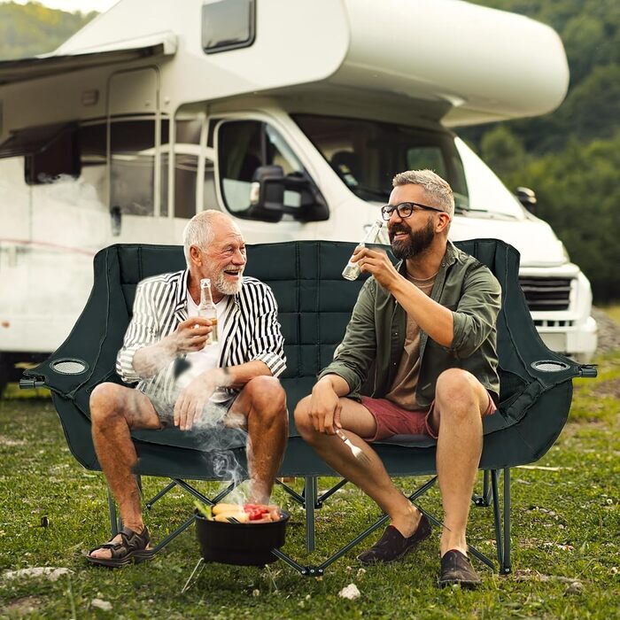 Кампанінг стілець подвійний великий з підлокітниками та підсклянником, складаний для 2 осіб, чорний - для кемпінгу та відпочинку на природі