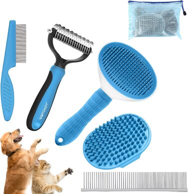 Набір щіток для собак, 5 шт. для грумінгу, самоочищувані, для великих та середніх собак, котів та дрібних тварин, для довгої та короткої шерсті, зменшує випадання шерсті, блакитний