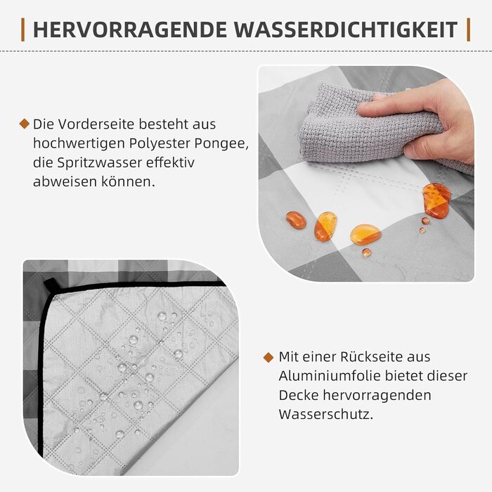 Плед для пікніка HAUSPROFI 200x200 см, водонепроникний, ізольований - великий плед для пікніка, пляжу, саду, кемпінгу. Бавовняний, з ручкою та кілочками, сіро-білий в клітинку