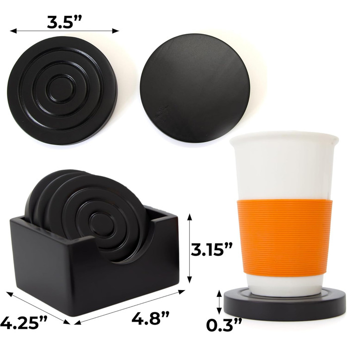 Colorful Wooden Coasters for Drinks - 6-Piece Set for Drinking Glasses, Table Protector for Every Table Type, Gift Set for All Occasions (Black, Coasters (With Holder))