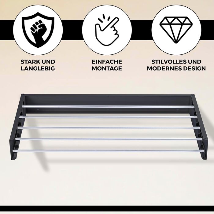 Настінна сушарка для білизни Vonia – компактна та складана – міцна, для ванної кімнати, балкону та маленьких квартир (Чорний, 80 x 40 см)