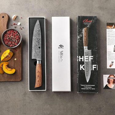 Wakoli EDIB Pro ніж кухарський з дамаської сталі (серцевина VG10) з 20 см лезом – гострий та збалансований – ніж з дамаської сталі з ручкою з паккавуду в подарунковій коробці – ніж кухарський з дамаської сталі для професійних та аматорських кухарів (з гра