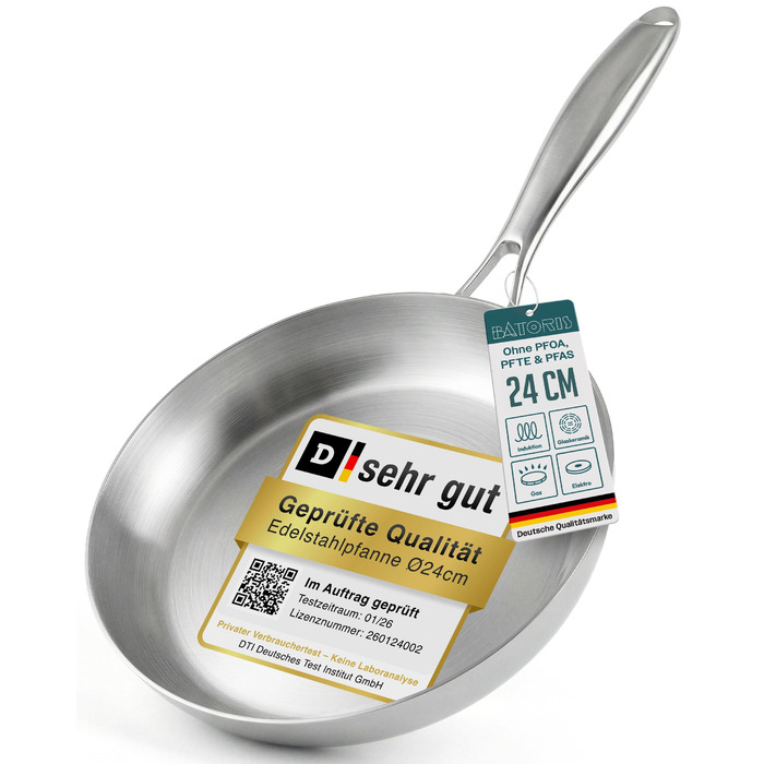 Сковорода нержавіюча сталь 24 см Edelstahlpfanne – для індукції, професійна, універсальна. Підходить для стейків та пасти, без покриття PFOA/PTFE/PFAS, жароміцна.