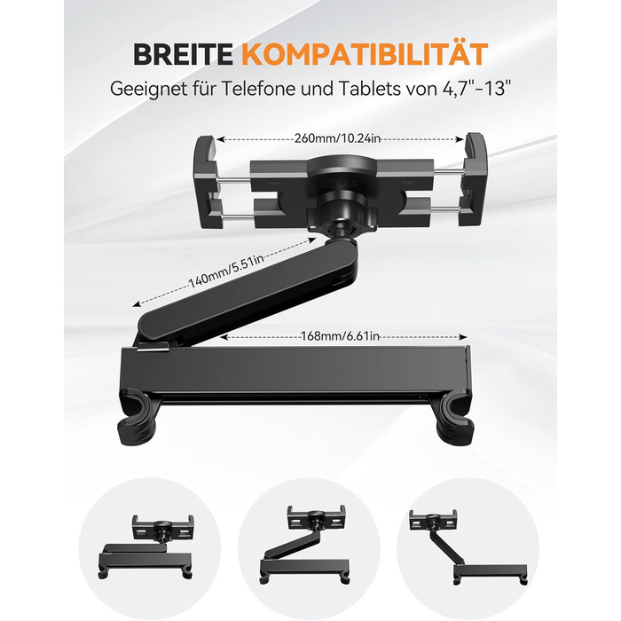 Тримач для планшета в авто TECKNET: універсальний, 360° обертання, для iPad, iPhone, Galaxy Tab, Switch (4.7-12.9