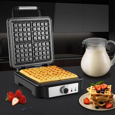 YASHE Belgian Waffle Maker - 4 Square Waffle Plates, 1200W, Non-Stick Coating, Adjustable Browning Control, Overflow Prevention, Silver/Black