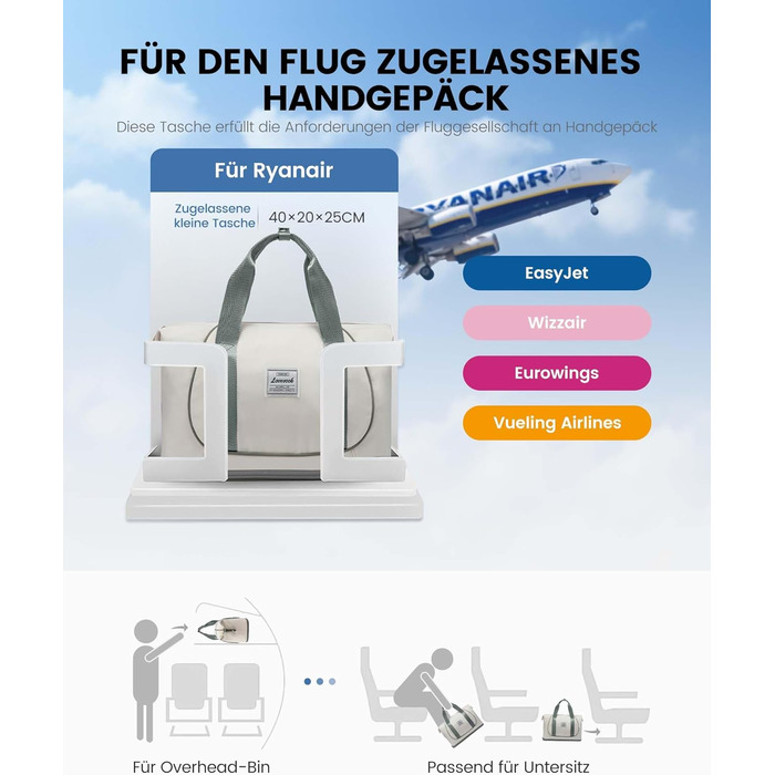 LOVEVOOK Сумка ручної поклажі Ryanair 40x30x20, розширювана, для подорожей літаком, зелена