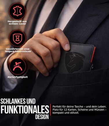 Чоловіче шкіряне портмоне для карток з RFID захистом та системою GripLock®, NFC, автоматичний висувний картхолдер, для 6-12 карток, чорний/червоний