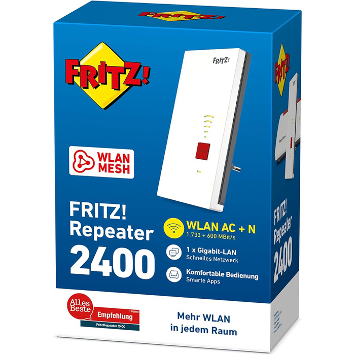 Повторювач Wi-Fi FRITZ!Repeater 2400: Dual-Band AC + N, Gigabit LAN, версія для німецькомовних