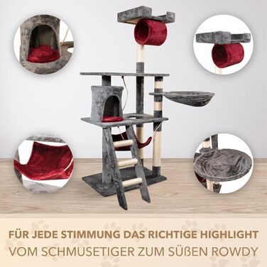 Кігтеточка для котів Foxdevil від xonic® - стабільна, багатофункціональна з платформою, гамаком, будиночком, іграшкою та сходами (141 см, сірий/червоний)