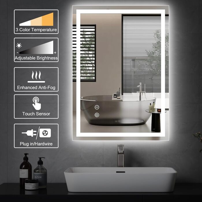 Дзеркало для ванної кімнати зі світлодіодним підсвічуванням 50x70 см, LED дзеркало з сенсорним вимикачем, дзеркало для ванної кімнати, настінне дзеркало для ванної кімнати, 80x60 см з 3-кольоровим регулюванням яскравості