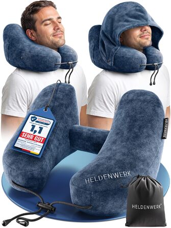 Подушка для шиї HELDENWERK® Air: 5 положень, швидка підкачка, регулювання тиску, знімний капюшон, для подорожей (літак, авто), темно-синій, великий розмір