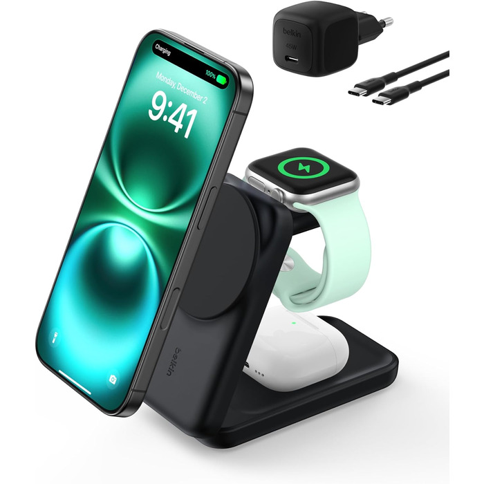 Зарядний станція Belkin UltraCharge 3 в 1 з Qi2.2, 25W, сумісна з MagSafe, для iPhone, AirPods, Apple Watch, Pixel, з адаптером 45W - Чорний