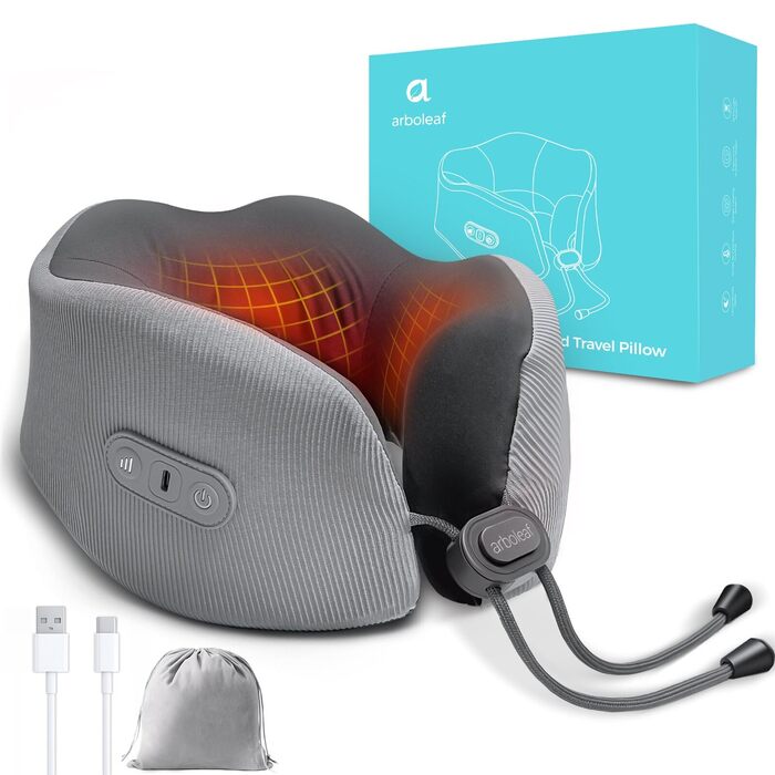 Подушка для шиї Arboleaf з підігрівом для подорожей: Memory Foam, USB-C зарядка, ергономіка 360°, проти болю в шиї, сіра