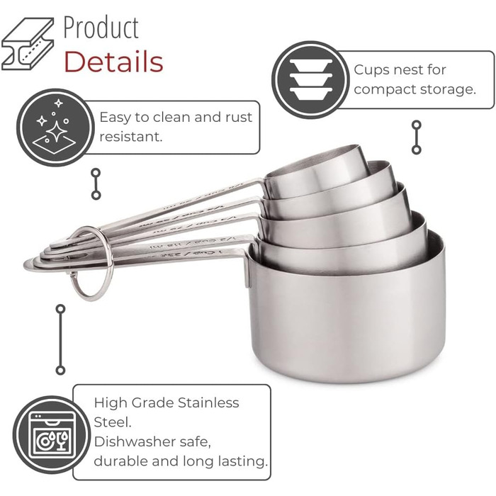 Stainless Steel Measuring Cups – 5-Piece Durable Measuring Cup Set for Dry Ingredients, Spices, or Liquids
