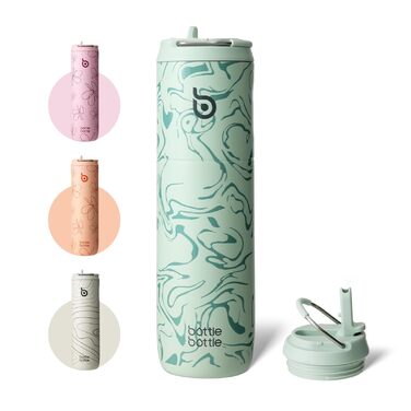 Фляга спортивна BOTTLE BOTTLE 750 мл з соломинкою, кришкою та ручкою, не протікає, без BPA, подвійні стінки, зелений гірський принт - для спорту, подорожей та фітнесу
