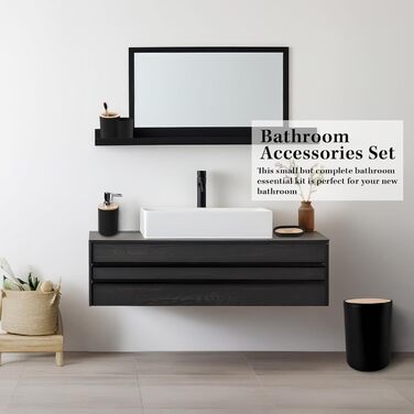 Набір аксесуарів для ванної кімнати Britimes, чорний: шторка для душу, сміттєвий бак, дозатор мила, тримач для унітазу, тримач для зубних щіток та стаканчик для зубних щіток