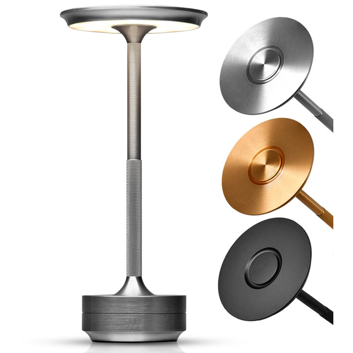 Світлодіодна настільна лампа ELYSIA з акумулятором, димується, бездротова, сенсорна, для дому та вулиці (IP54), тепле світло (2200K-2700K-3200K), USB-C, алюмінієва (срібна)