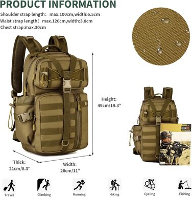 Тактичний рюкзак HUNTVP 30 л, водонепроникний, Molle, для туризму, спорту, армії, чоловіків і жінок, колір коричневий