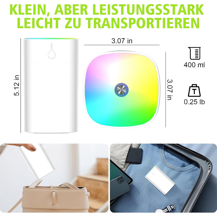 Портативний міні-увлажнитель повітря для спальні, 400 мл аромадифузор для дому, персональний настільний зволожувач для рослин, аромадифузор для дому, 2 режими, нічне світло, автоматичне вимкнення (білий)