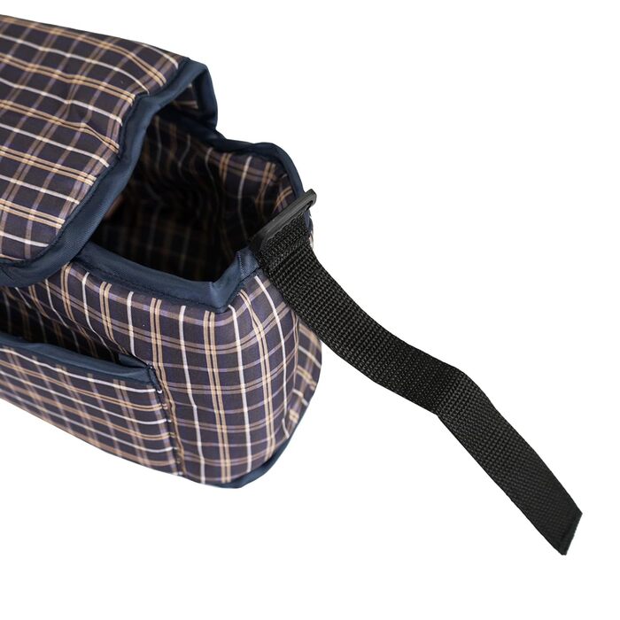 Візок для тварин Monster Shop з сумкою, знімний, складний, вантажопідйомність 15 кг, колеса, гальма, сітчасте вікно, кошик, тримач для напоїв, кишені та водовідштовхуючий дощовик (синій візерунок в клітинку, передня кишеня для тварин)