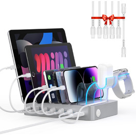 Зарядна станція SooPii USB 60W/12A з 6 портами, органайзер для декількох пристроїв з тримачем для Apple Watch, 6 кабелів в комплекті (срібло)